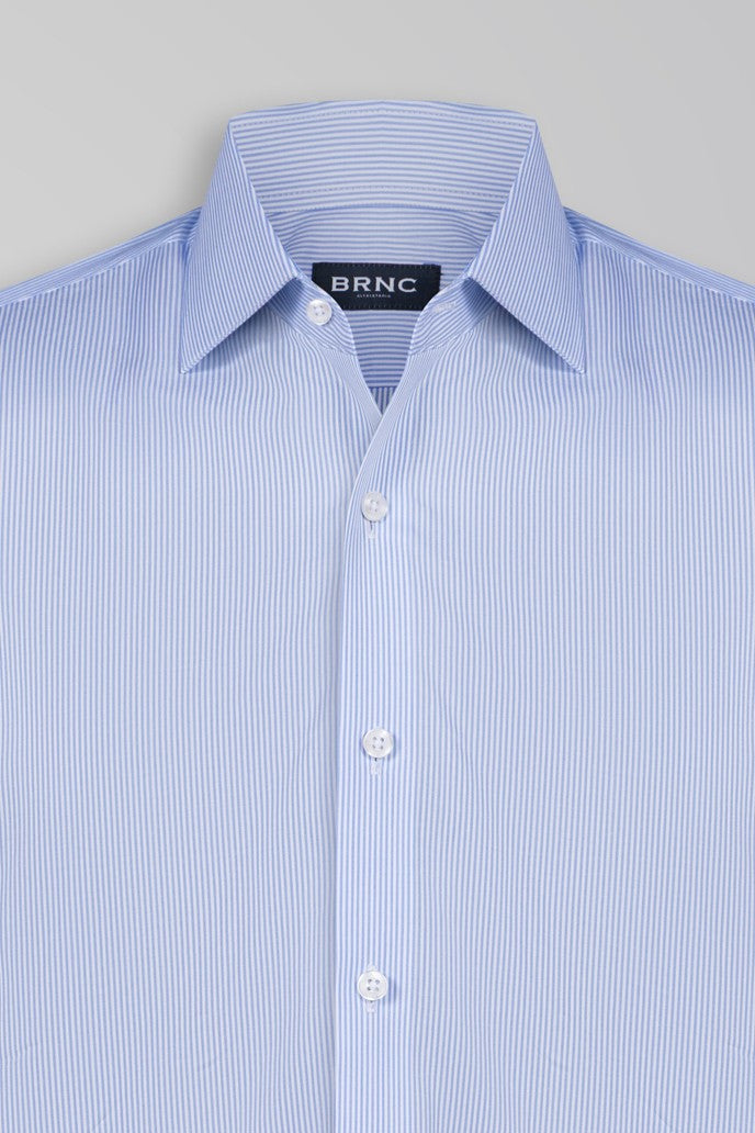 CAMISA SOCIAL REGULAR POPELINE DE ALGODÃO AZUL CLARO LISTRADO